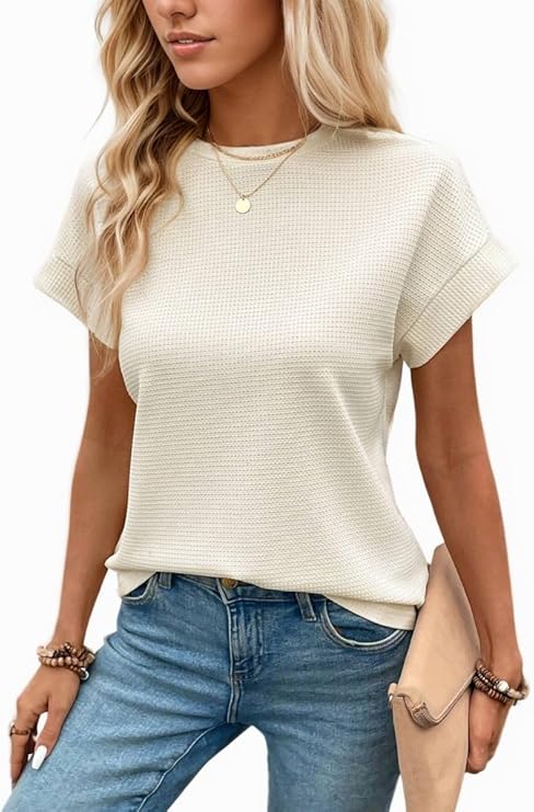 Women's Casual Crew Neck Waffle Knit T-Shirt with Deep Shoulder 2025 Spring Summer