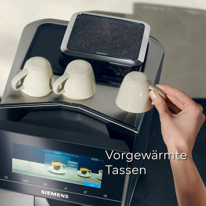 SIEMENS-Kaffeevollautomat EQ900 TQ903D43, intuitives 6,8" TFT-Display, Geräuschreduzierung App-Steuerung, Barista-Modus, AromaSelect, 3 Profile, edelstahl