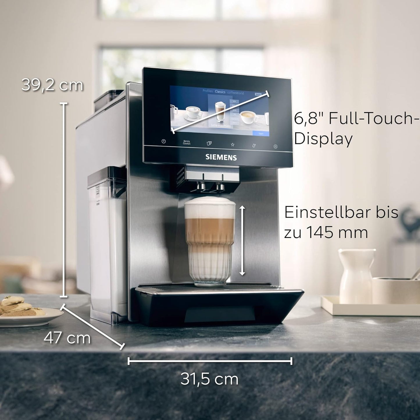 SIEMENS-Kaffeevollautomat EQ900 TQ903D43, intuitives 6,8" TFT-Display, Geräuschreduzierung App-Steuerung, Barista-Modus, AromaSelect, 3 Profile, edelstahl