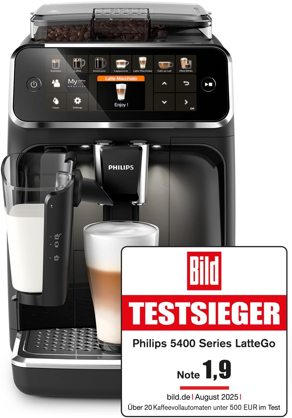 Wählen Sie eines von 20 köstlichen Kaffeerezepten auf dem LatteGo 5500. Vom Milchkaffee bis zum erfrischenden Eiskaffee. LatteGo macht seidig weichen Schaum