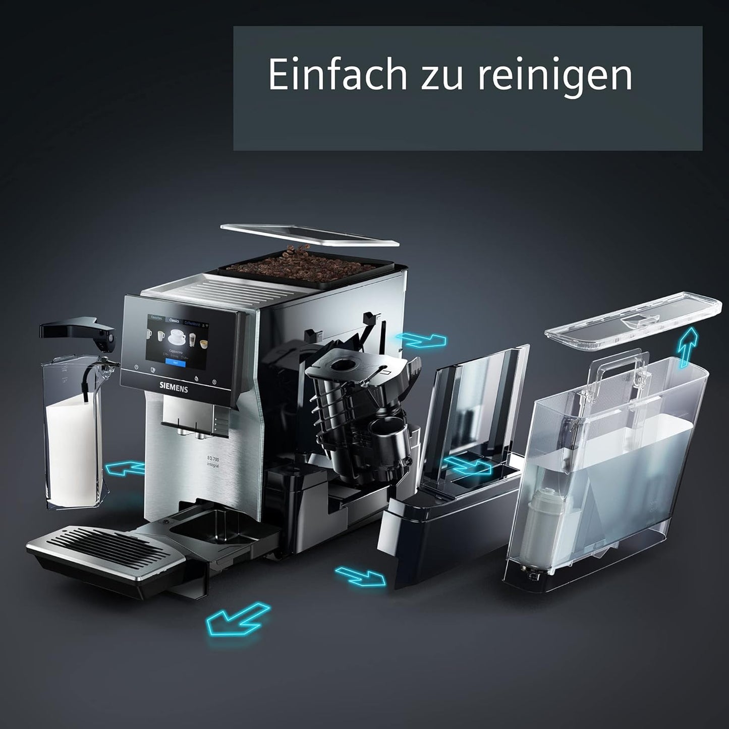 SIEMENS-Kaffeevollautomat EQ900 TQ903D43, intuitives 6,8" TFT-Display, Geräuschreduzierung App-Steuerung, Barista-Modus, AromaSelect, 3 Profile, edelstahl