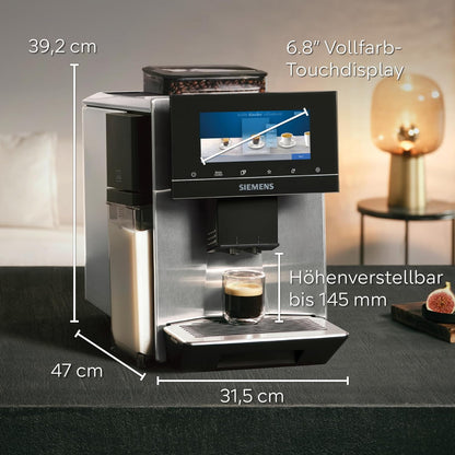 SIEMENS-Kaffeevollautomat EQ900 TQ903D43, intuitives 6,8" TFT-Display, Geräuschreduzierung App-Steuerung, Barista-Modus, AromaSelect, 3 Profile, edelstahl