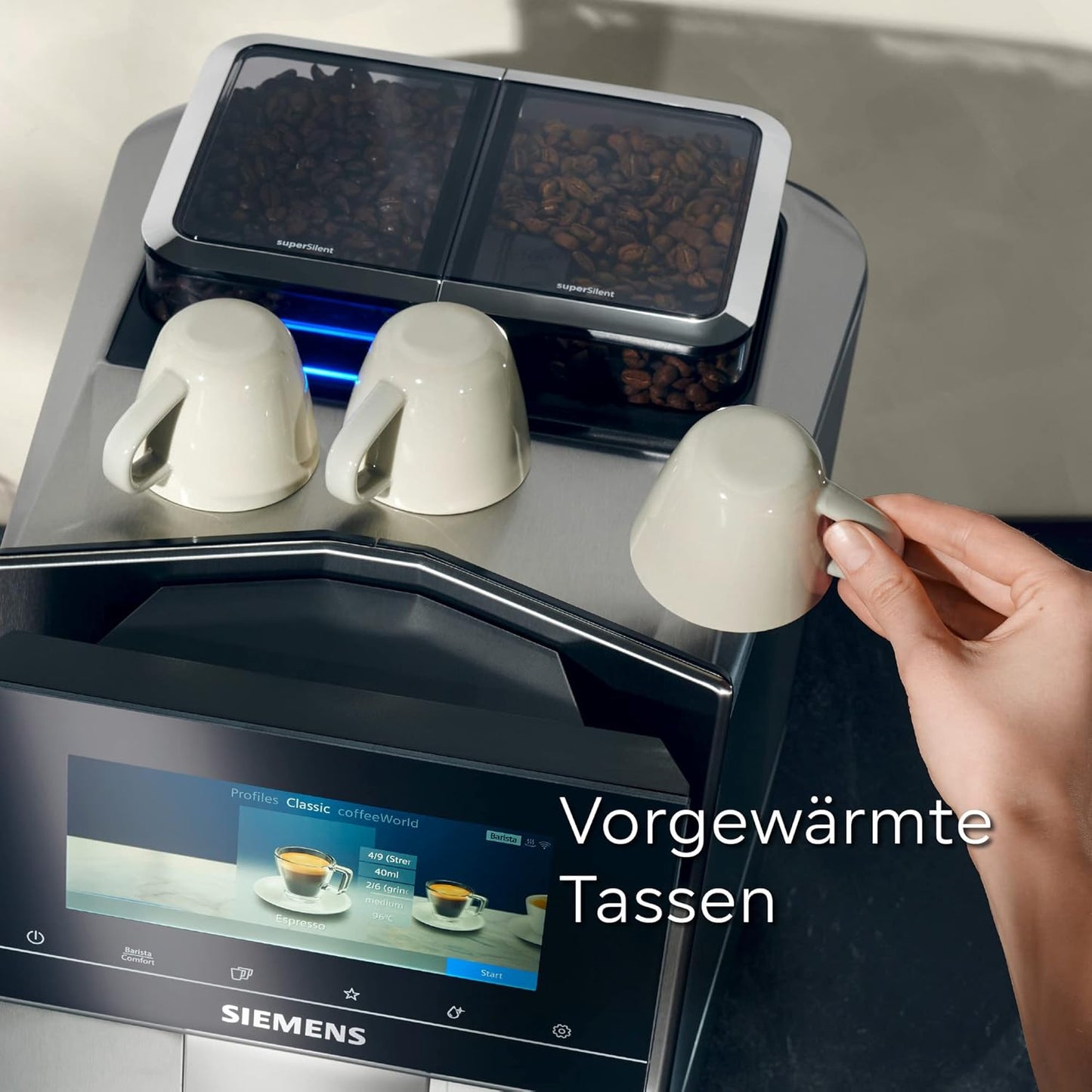 SIEMENS-Kaffeevollautomat EQ900 TQ903D43, intuitives 6,8" TFT-Display, Geräuschreduzierung App-Steuerung, Barista-Modus, AromaSelect, 3 Profile, edelstahl