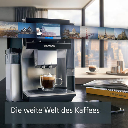 SIEMENS-Kaffeevollautomat EQ900 TQ903D43, intuitives 6,8" TFT-Display, Geräuschreduzierung App-Steuerung, Barista-Modus, AromaSelect, 3 Profile, edelstahl