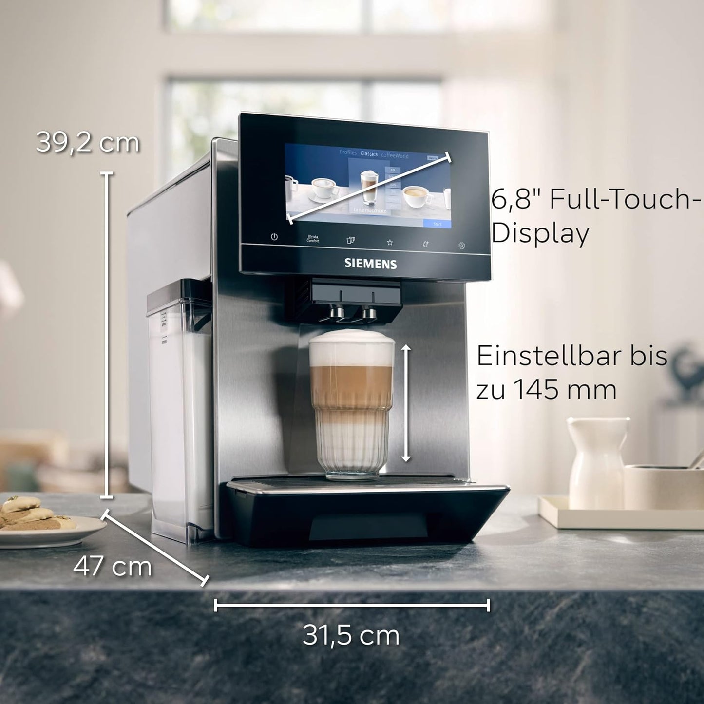 SIEMENS-Kaffeevollautomat EQ900 TQ903D43, intuitives 6,8" TFT-Display, Geräuschreduzierung App-Steuerung, Barista-Modus, AromaSelect, 3 Profile, edelstahl
