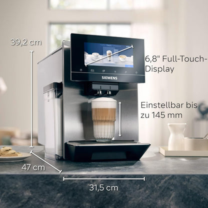 SIEMENS-Kaffeevollautomat EQ900 TQ903D43, intuitives 6,8" TFT-Display, Geräuschreduzierung App-Steuerung, Barista-Modus, AromaSelect, 3 Profile, edelstahl