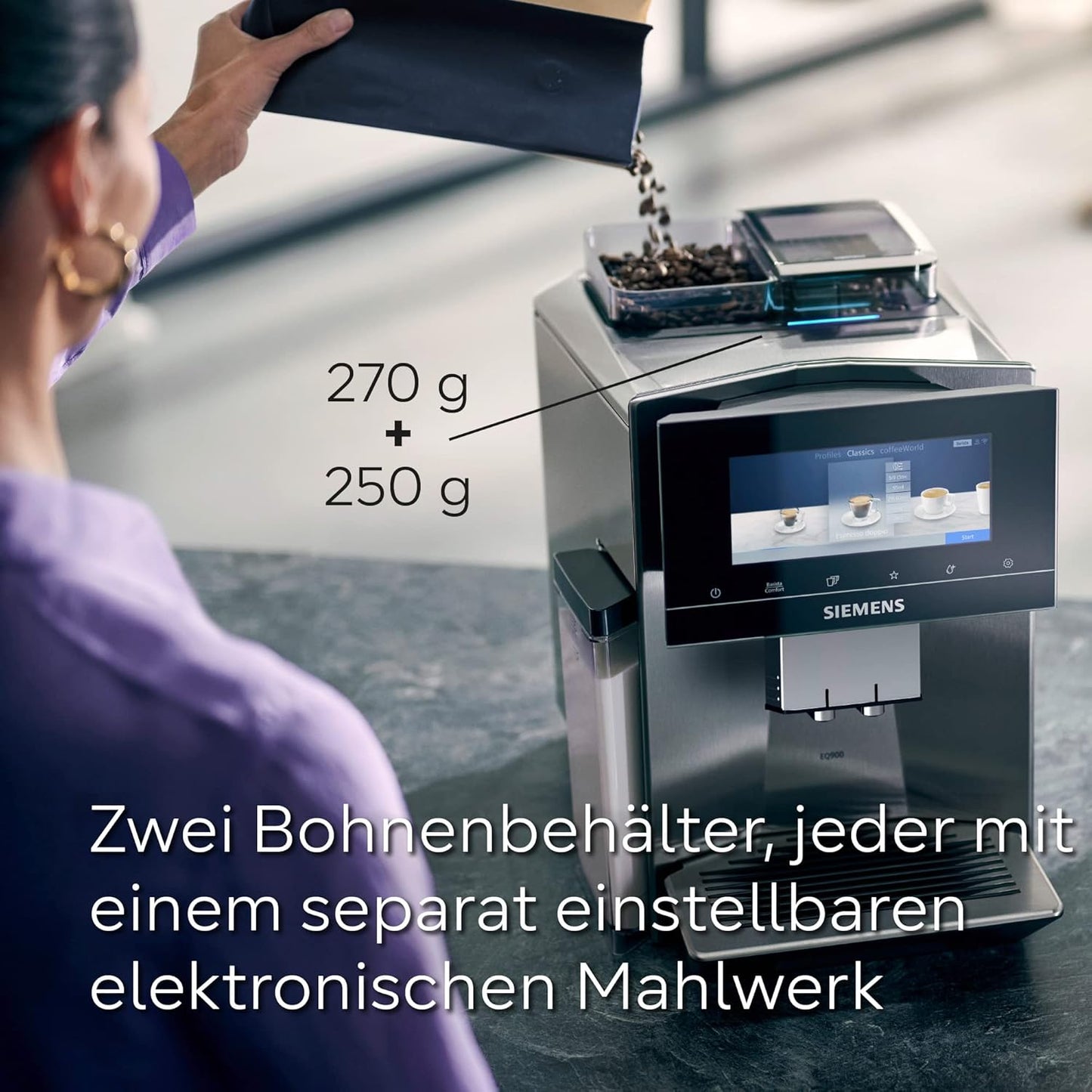 SIEMENS-Kaffeevollautomat EQ900 TQ903D43, intuitives 6,8" TFT-Display, Geräuschreduzierung App-Steuerung, Barista-Modus, AromaSelect, 3 Profile, edelstahl