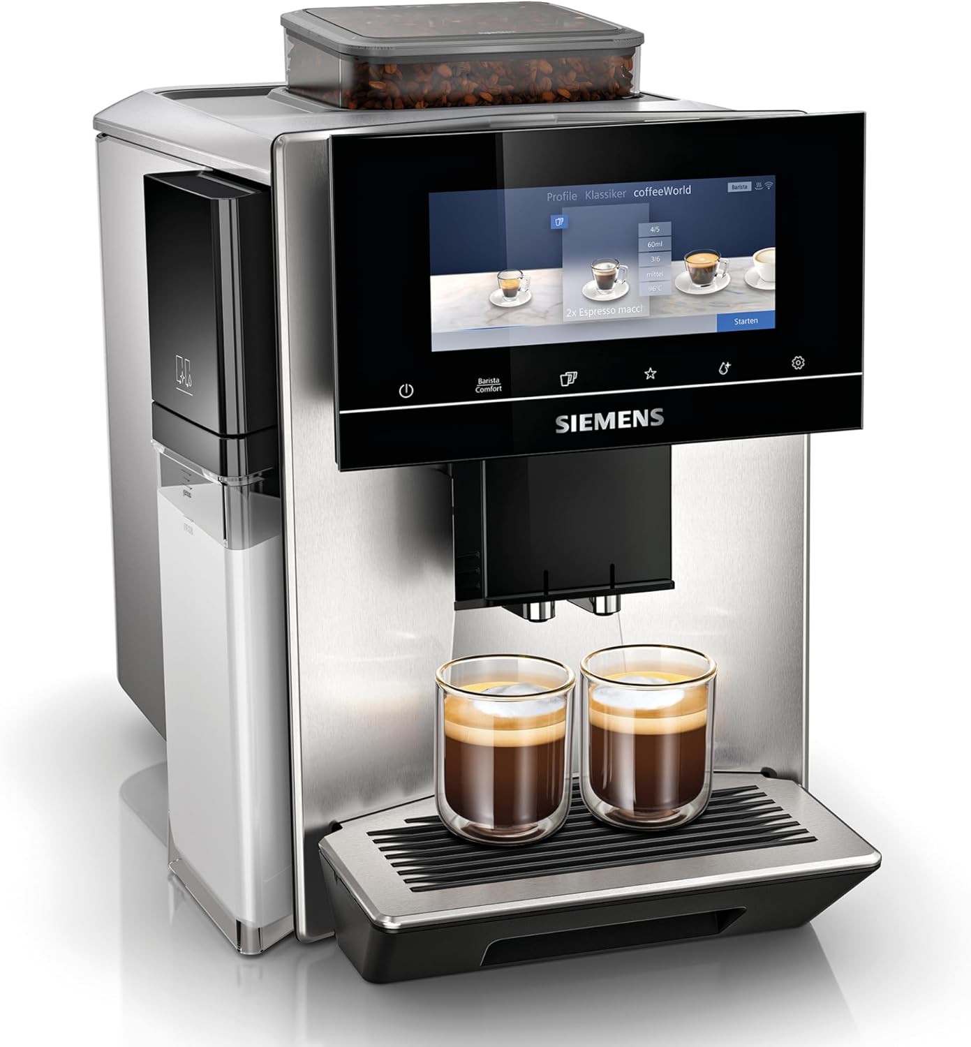 SIEMENS-Kaffeevollautomat EQ900 TQ903D43, intuitives 6,8" TFT-Display, Geräuschreduzierung App-Steuerung, Barista-Modus, AromaSelect, 3 Profile, edelstahl
