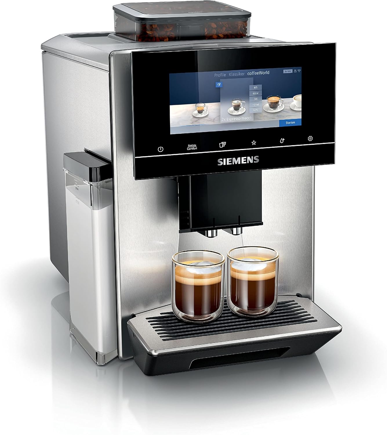 SIEMENS-Kaffeevollautomat EQ900 TQ903D43, intuitives 6,8" TFT-Display, Geräuschreduzierung App-Steuerung, Barista-Modus, AromaSelect, 3 Profile, edelstahl