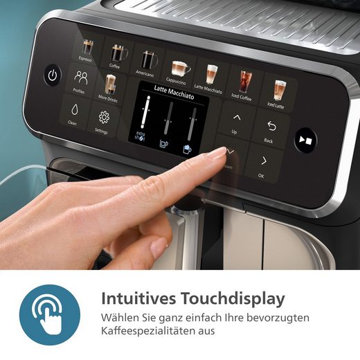 EP5547/90 Kaffeevollautomat 5500 Series mit 20 Kaffeespezialitäten (heiß oder eisgekühlt), LatteGo-Milchsystem und SilentBrew Technologie, in Schwarz verchromt