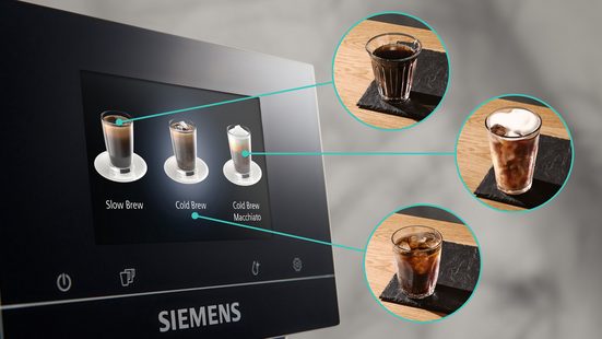 Kaffeevollautomat mit Cold Brew & 5" Smart-Display. Inklusive: App-Anbindung, individuelle Aromaprofile, 10 Favoriten & automatische Dampfreinigung. Farbe: silber metallic